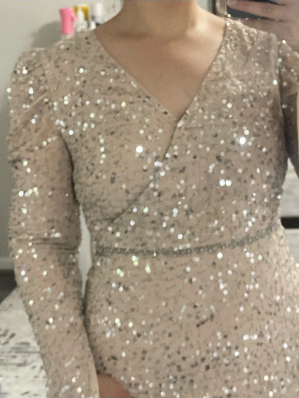 Embellished V-Neck Long Sleeve Midi Dress - Champagne - Picture 3 of 7